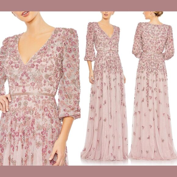Mac Duggal Dresses & Skirts - NWT $798 Mac Duggal [ 14 ] Embellished V Neck 3/4 Sleeve A Line Gown Rose #G1761
